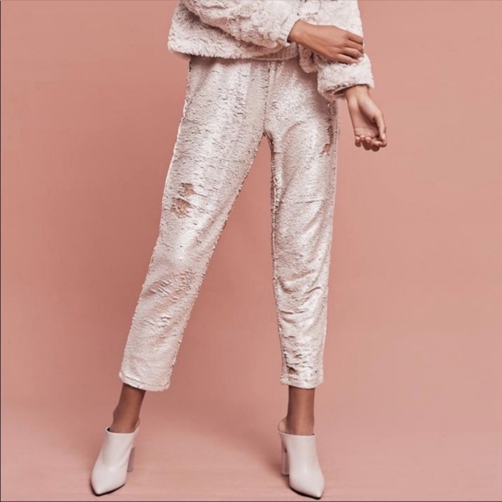 ANTHROPOLOGIE "Hei Hei" Cream & Gold Sequin Joggers
